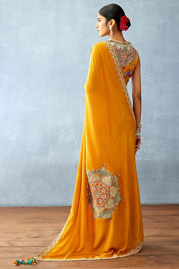 Yellow Slub Silk Digital Printed Reception Saree by TORANI at Pernia's Pop Up Shop