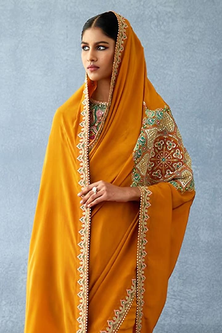 Yellow Slub Silk Digital Printed Reception Saree by TORANI at Pernia's Pop Up Shop