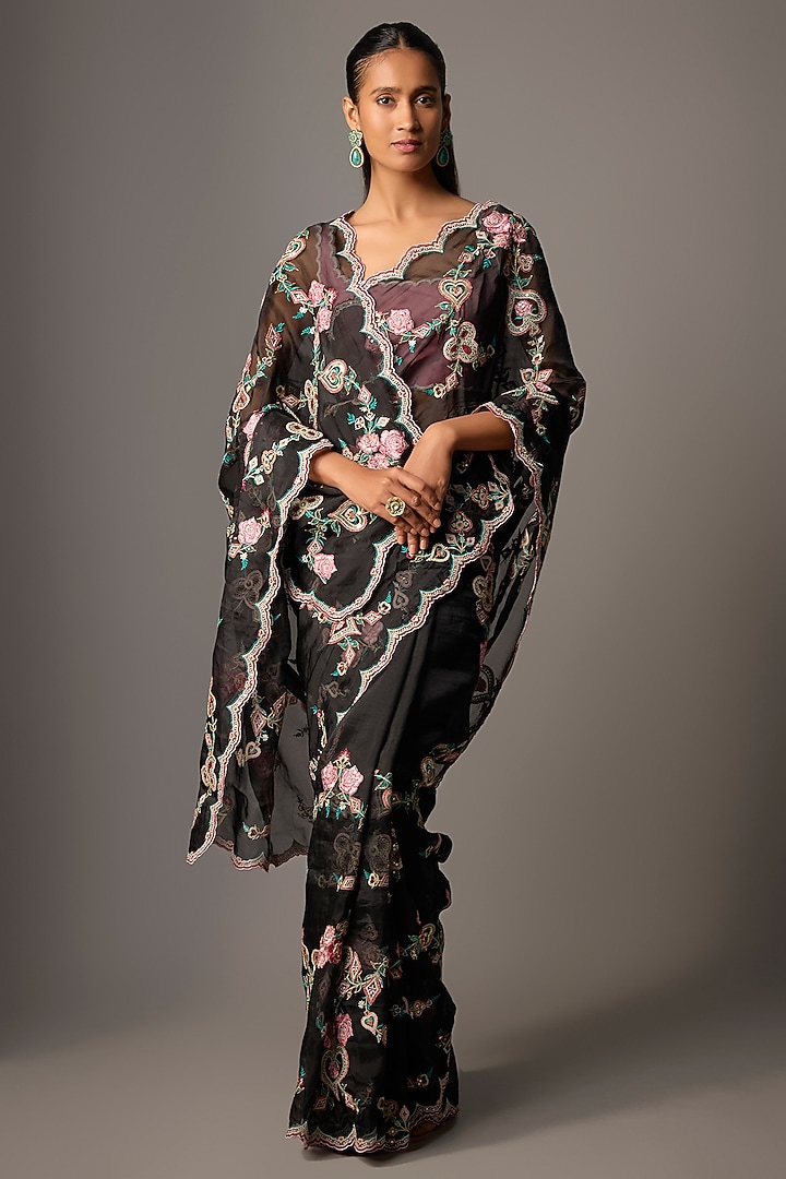 Black Organza Embroidered Reception Saree by TORANI at Pernia's Pop Up Shop