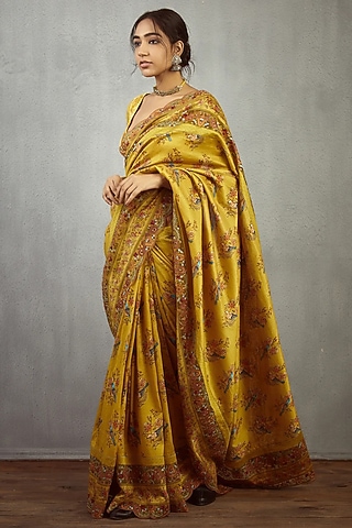 Yellow Handwoven Chanderi Silk & Organza Digital Printed Saree by TORANI