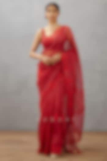 Red Silk Organza Aari Embroidered Wedding Saree by TORANI at Pernia's Pop Up Shop