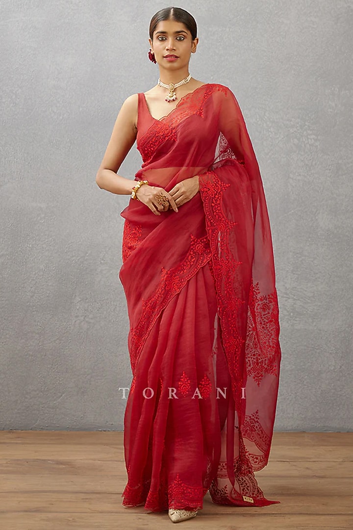 Red Silk Organza Aari Embroidered Wedding Saree by TORANI at Pernia's Pop Up Shop