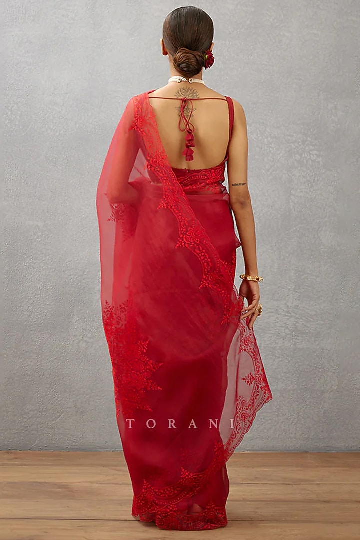 Red Silk Organza Aari Embroidered Wedding Saree by TORANI at Pernia's Pop Up Shop