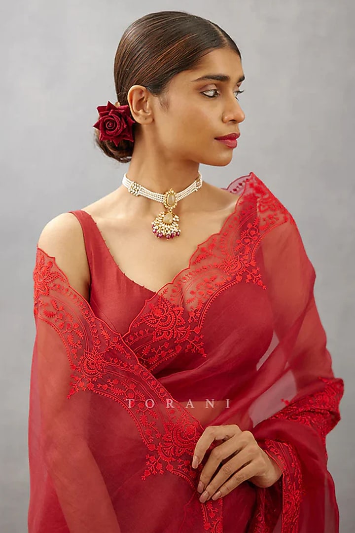 Red Silk Organza Aari Embroidered Wedding Saree by TORANI at Pernia's Pop Up Shop
