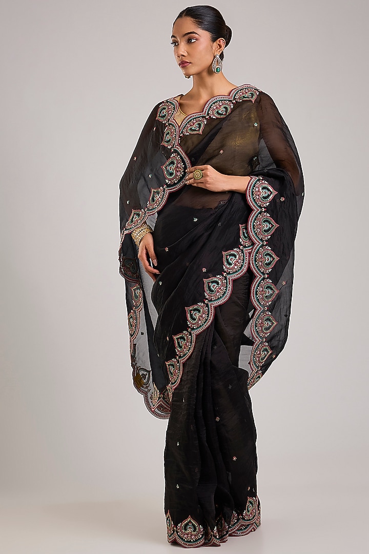 Black Organza Embroidered Wedding Saree by TORANI at Pernia's Pop Up Shop