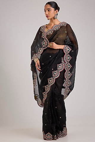Black Organza Embroidered Saree by TORANI