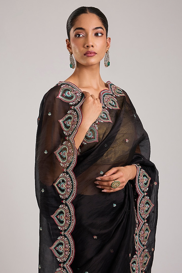 Black Organza Embroidered Wedding Saree by TORANI at Pernia's Pop Up Shop