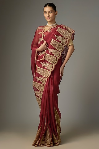 Red Organza Hand Embroidered Saree by TORANI