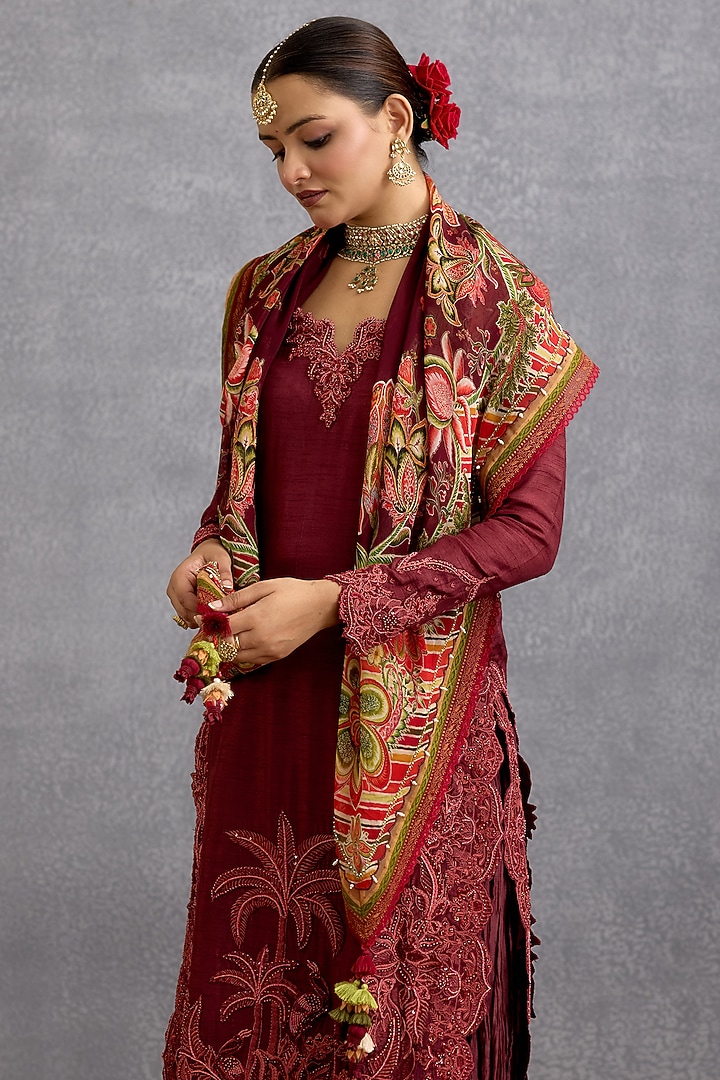 Maroon Viscose Organza Chintz Motif Printed Breezy Scarf by Torani at Pernia's Pop Up Shop