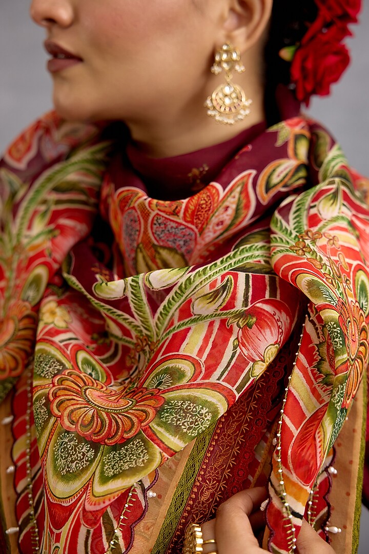 Maroon Viscose Organza Chintz Motif Printed Breezy Scarf by Torani at Pernia's Pop Up Shop
