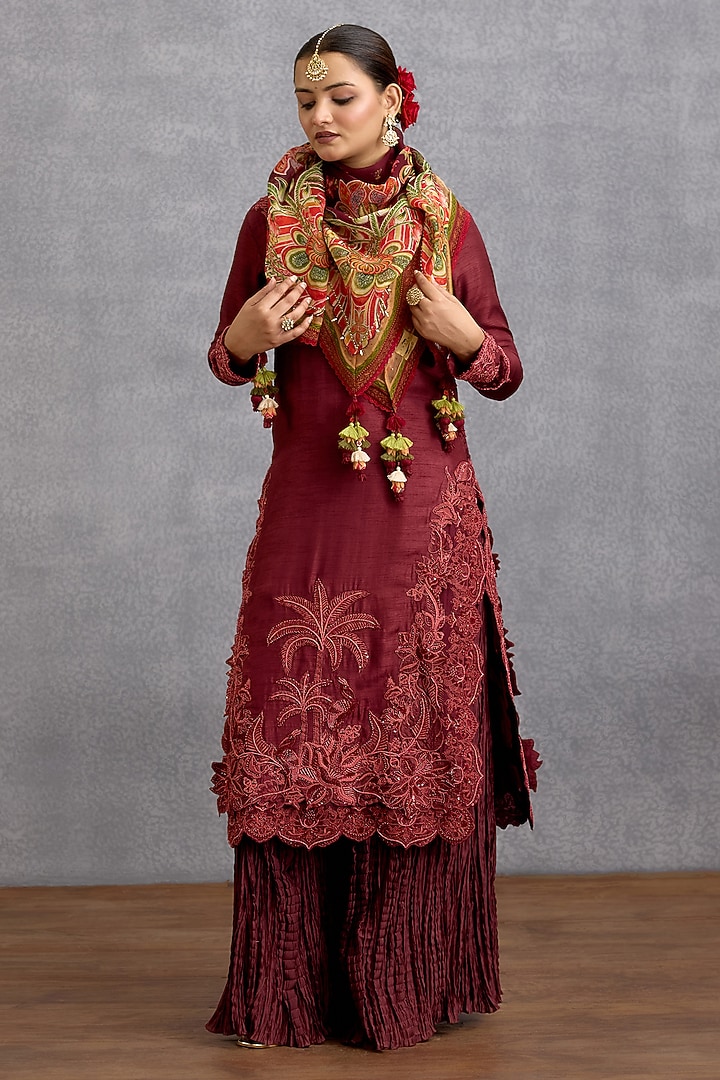 Maroon Viscose Organza Chintz Motif Printed Breezy Scarf by Torani at Pernia's Pop Up Shop