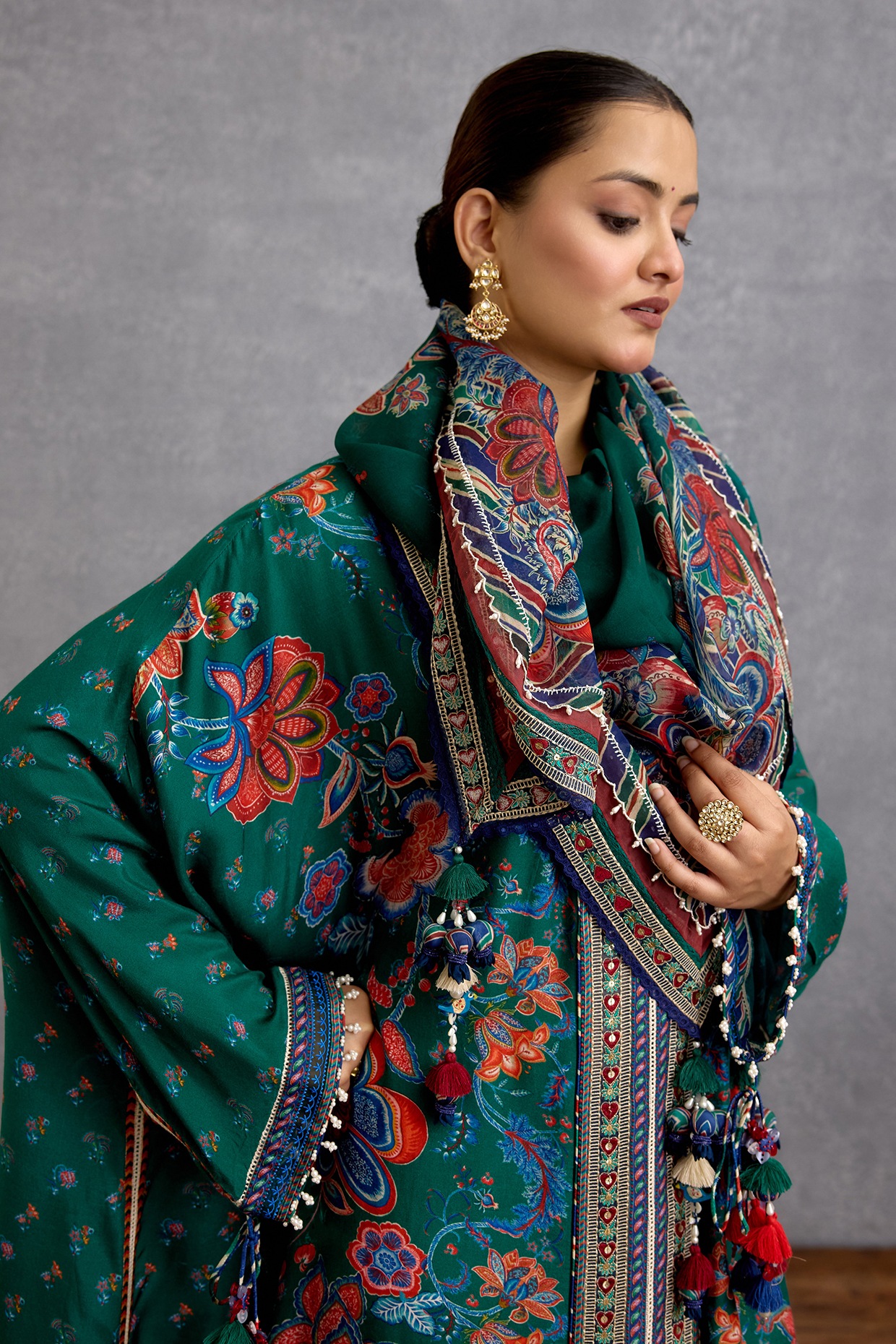 Green Viscose Organza Chintz Motif Printed Breezy Scarf by Torani
