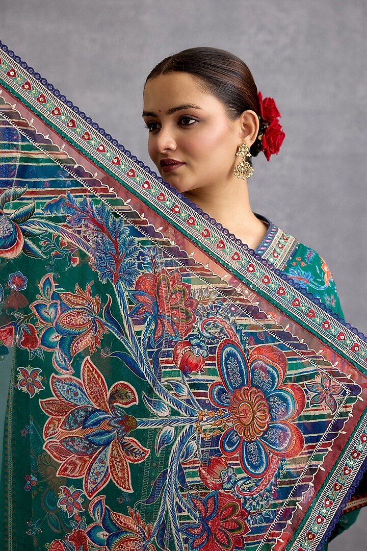 Green Viscose Organza Chintz Motif Printed Breezy Scarf by Torani at Pernia's Pop Up Shop