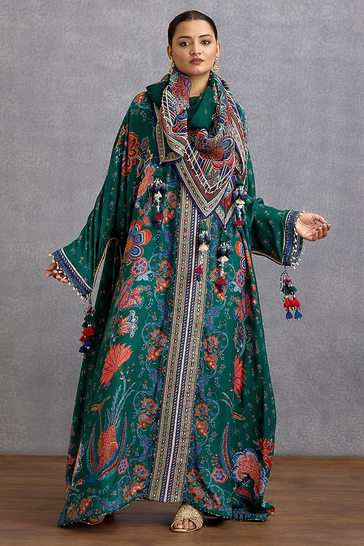 Green Viscose Organza Chintz Motif Printed Breezy Scarf by Torani at Pernia's Pop Up Shop