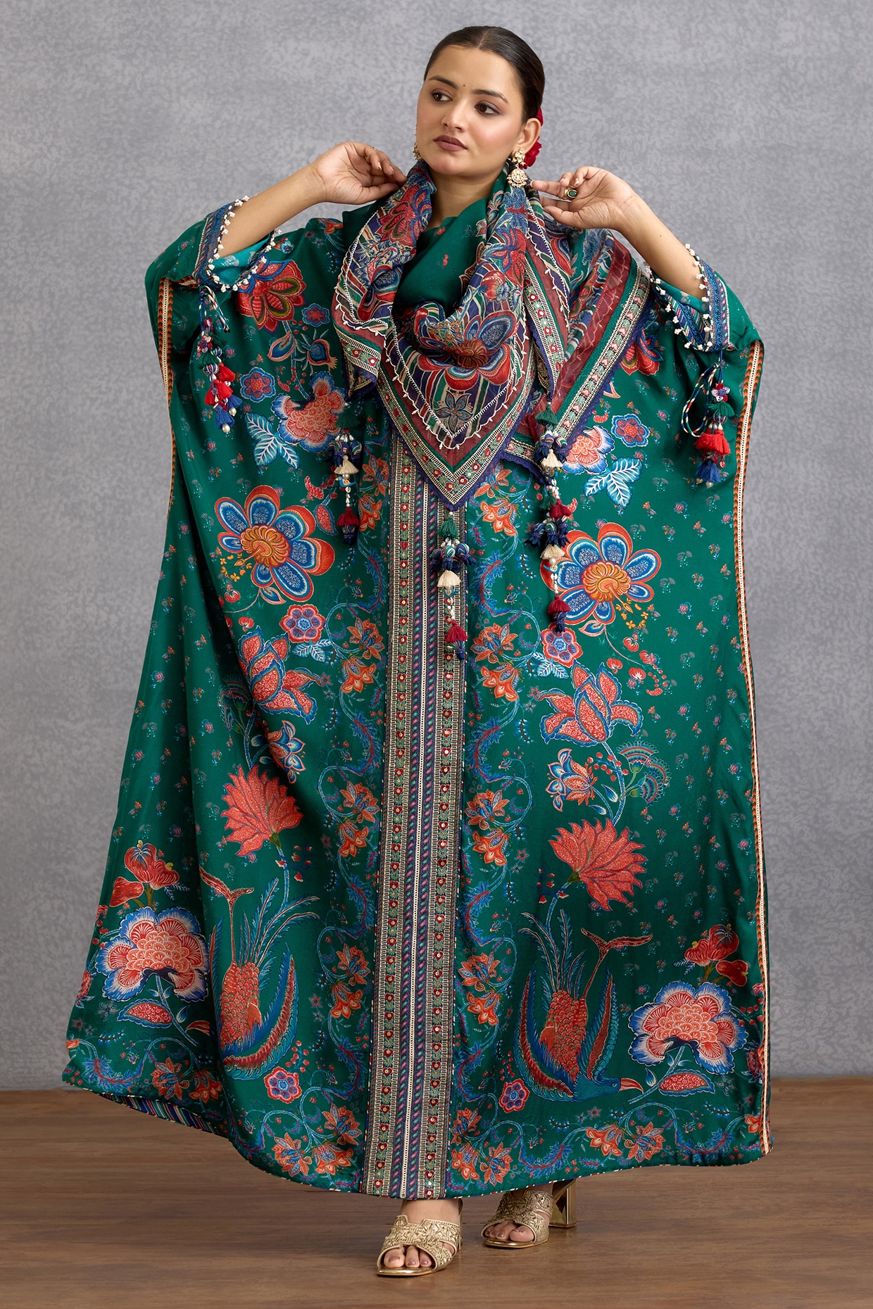 Green Viscose Organza Chintz Motif Printed Breezy Scarf by Torani