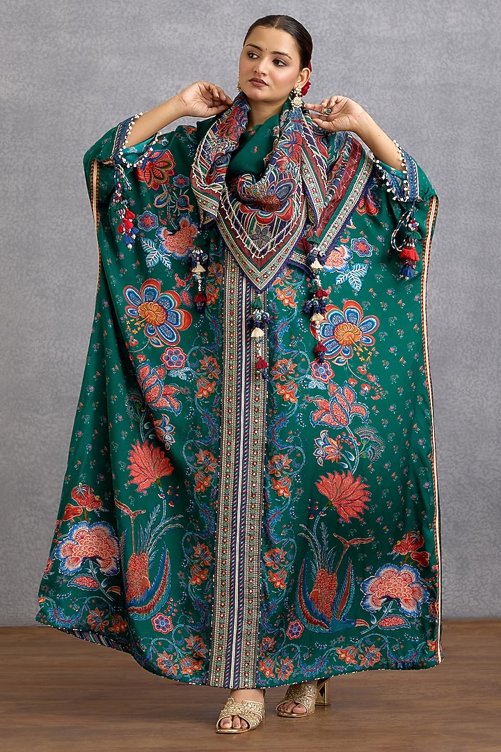 Green Viscose Organza Chintz Motif Printed Breezy Scarf by Torani at Pernia's Pop Up Shop