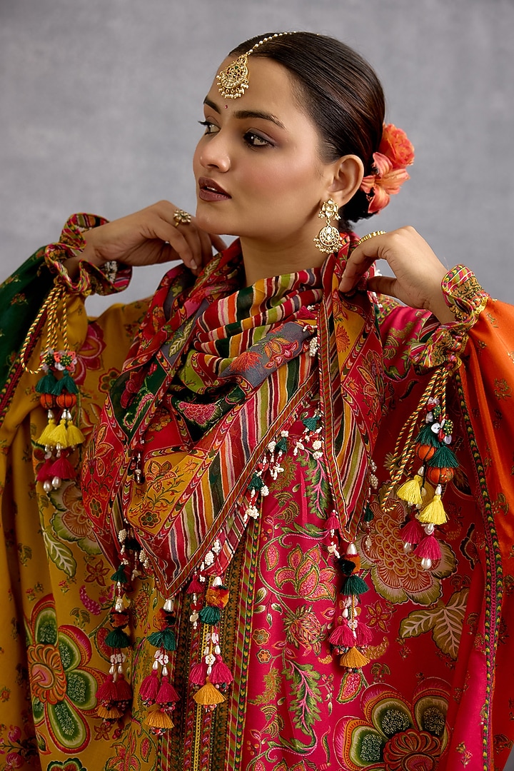 Multi-Colored Georgette Floral & Stripe Printed Scarf by Torani at Pernia's Pop Up Shop