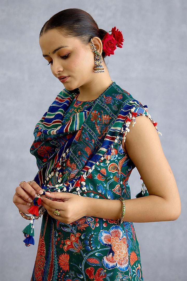 Green Georgette Floral & Stripe Printed Scarf by Torani at Pernia's Pop Up Shop