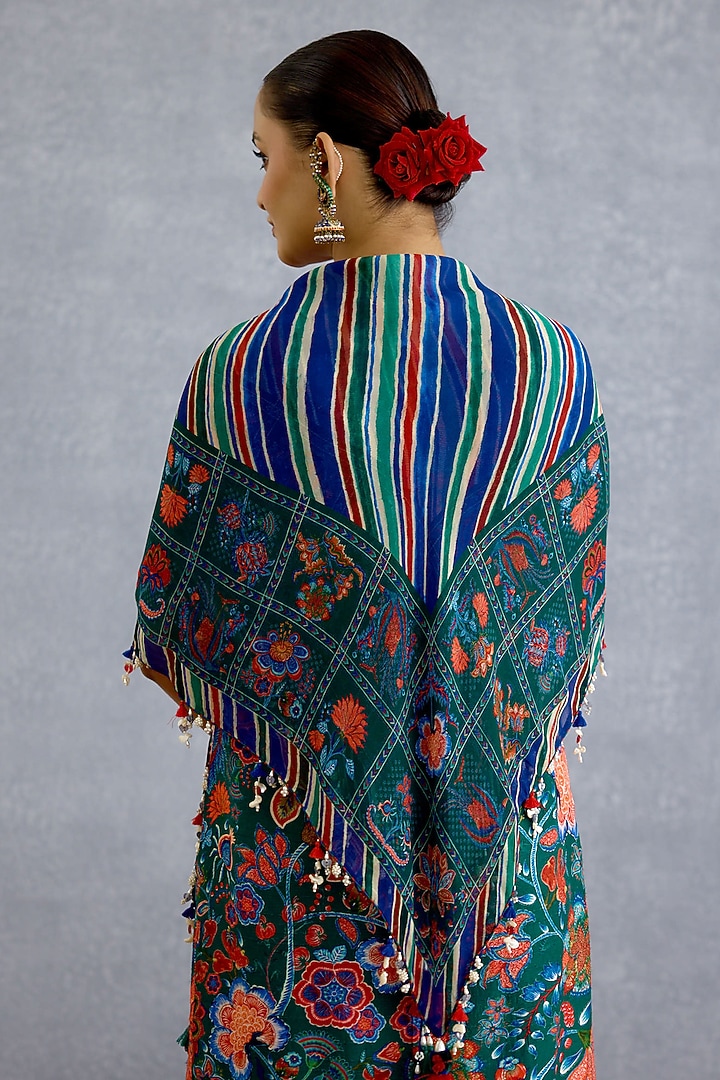 Green Georgette Floral & Stripe Printed Scarf by Torani at Pernia's Pop Up Shop