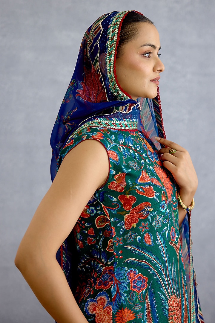 Green Georgette Floral & Stripe Printed Scarf by Torani at Pernia's Pop Up Shop