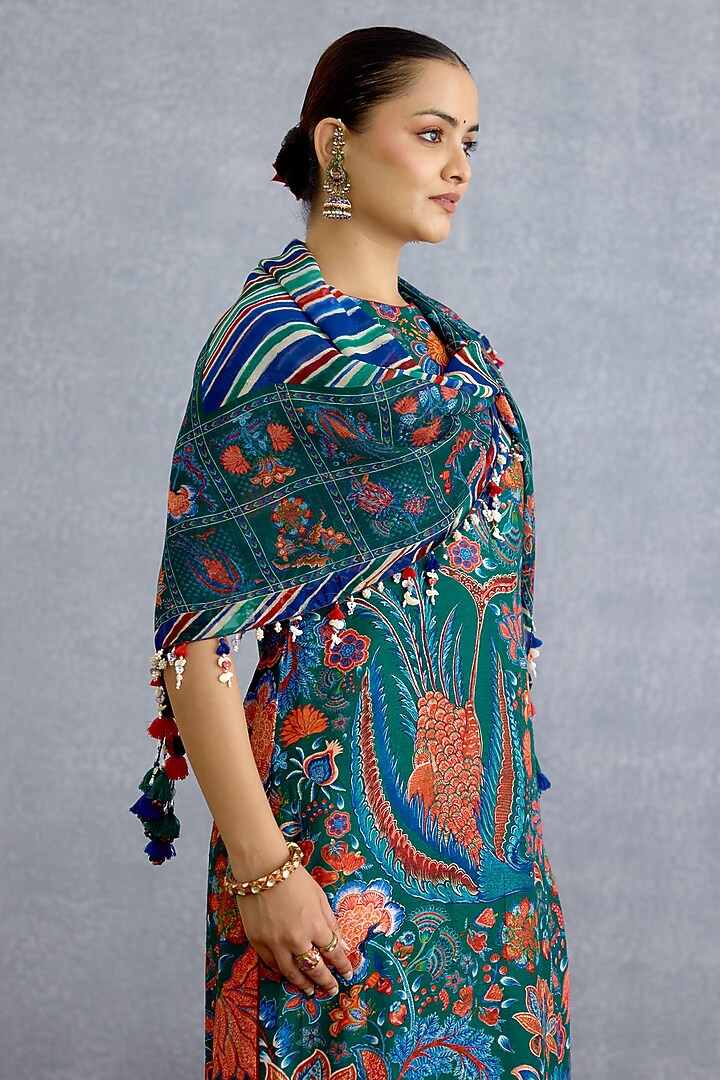 Green Georgette Floral & Stripe Printed Scarf by Torani at Pernia's Pop Up Shop