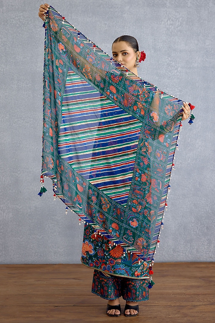 Green Georgette Floral & Stripe Printed Scarf by Torani at Pernia's Pop Up Shop