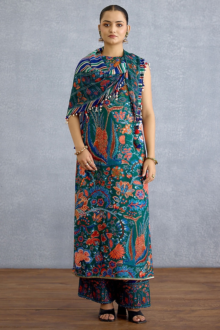 Green Georgette Floral & Stripe Printed Scarf by Torani at Pernia's Pop Up Shop