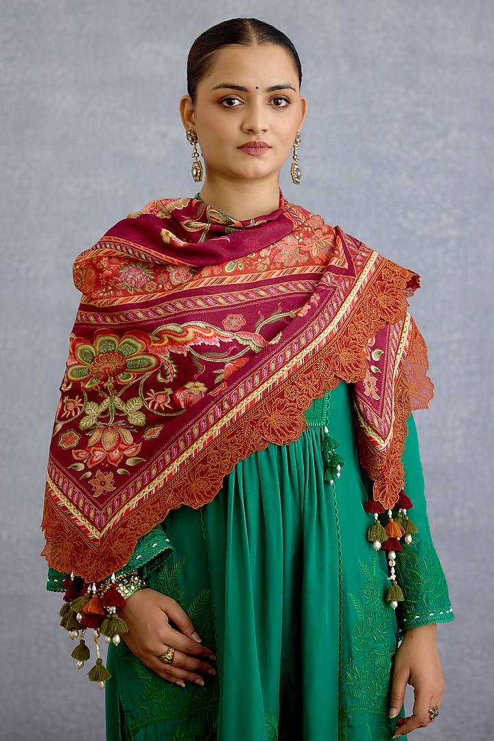 Maroon Organza Floral Printed Scarf by Torani at Pernia's Pop Up Shop