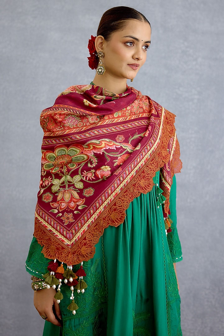 Maroon Organza Floral Printed Scarf by Torani at Pernia's Pop Up Shop