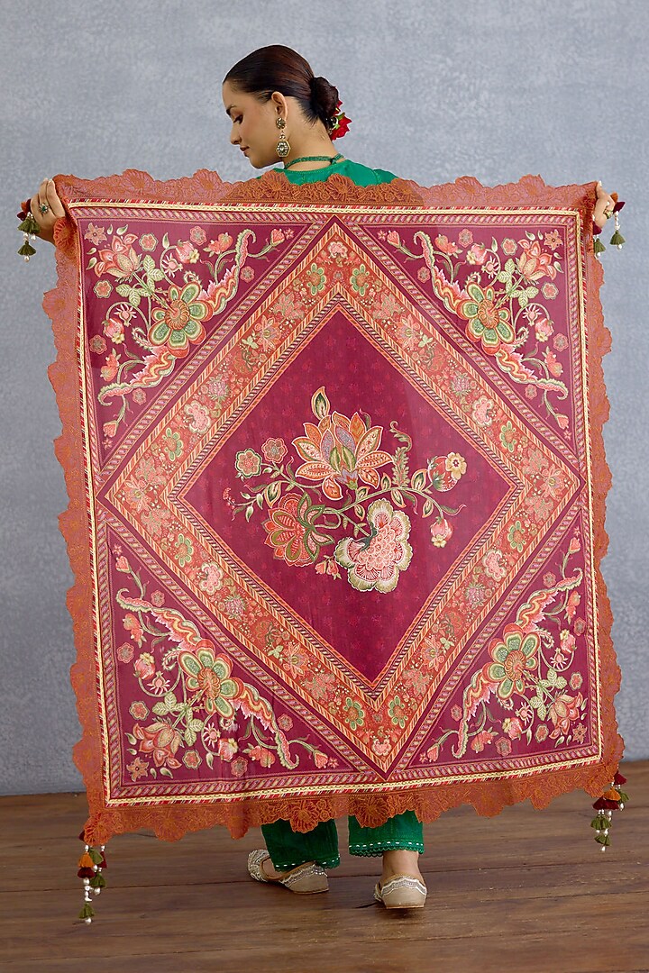 Maroon Organza Floral Printed Scarf by Torani at Pernia's Pop Up Shop
