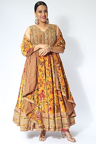 Yellow Silk Velvet Anarkali Set by TORANI