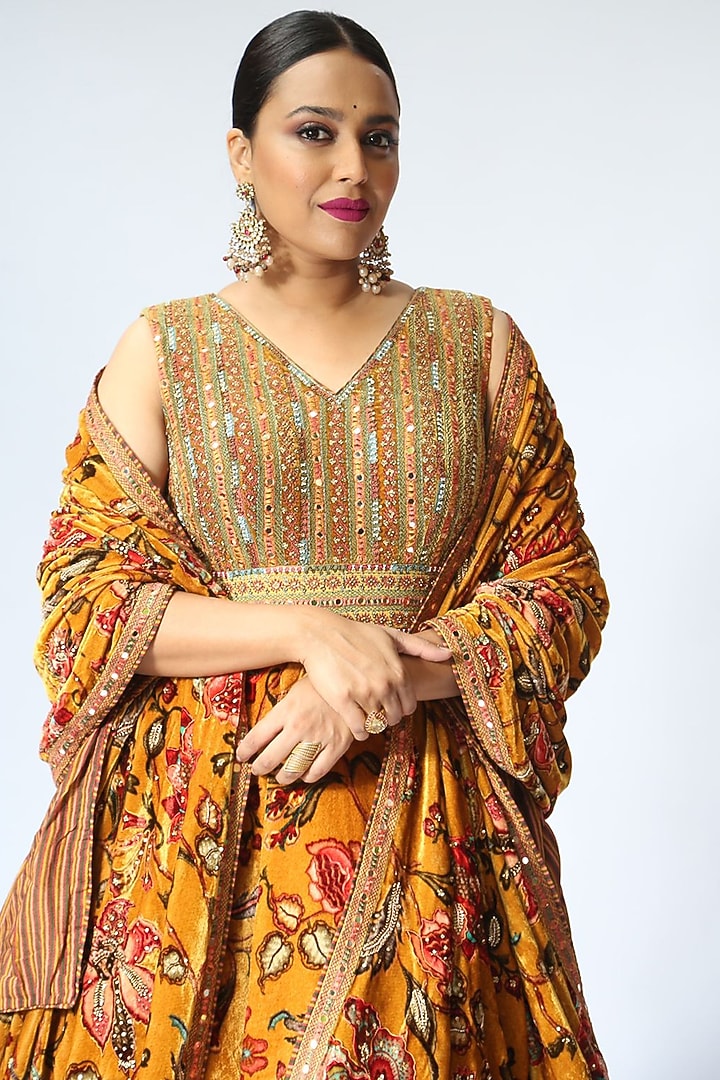 Yellow Silk Velvet Bridal Anarkali Set by TORANI at Pernia's Pop Up Shop