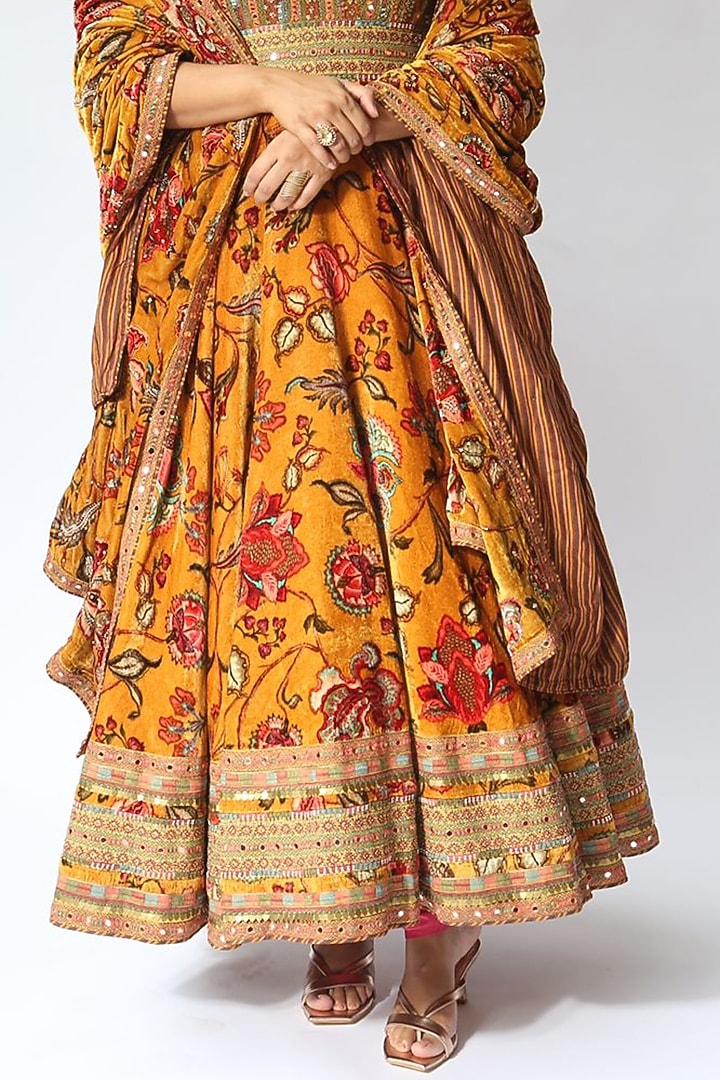 Yellow Silk Velvet Bridal Anarkali Set by TORANI at Pernia's Pop Up Shop