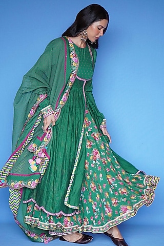 Green Angrakha Anarkali Set by TORANI