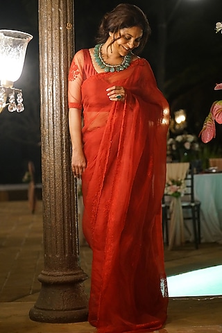 Red Silk Organza Saree  by TORANI