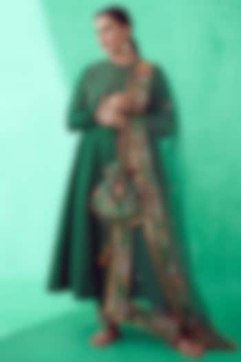 Green Handwoven Chanderi Kurta Set by TORANI