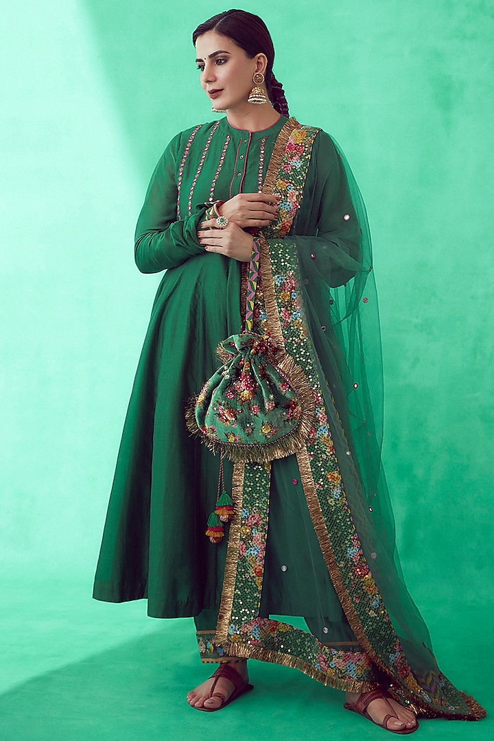 Green Handwoven Chanderi Kurta Set by TORANI