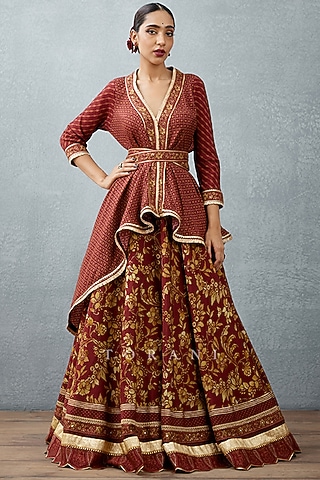 Burgundy Slub Silk Printed Lehenga Set by TORANI