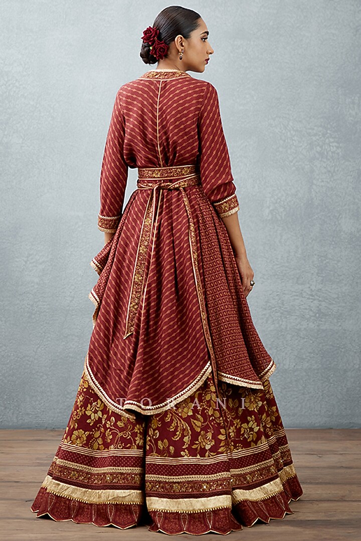 Burgundy Slub Silk Printed Wedding Lehenga Set by TORANI at Pernia's Pop Up Shop