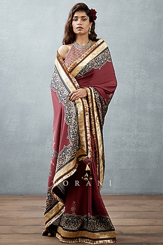 Burgundy Printed Saree by TORANI
