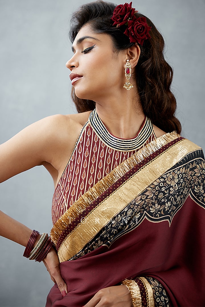 Burgundy Printed Party Wear Saree by TORANI at Pernia's Pop Up Shop