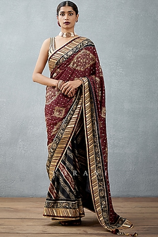 Burgundy Silk Satin Printed Saree by TORANI