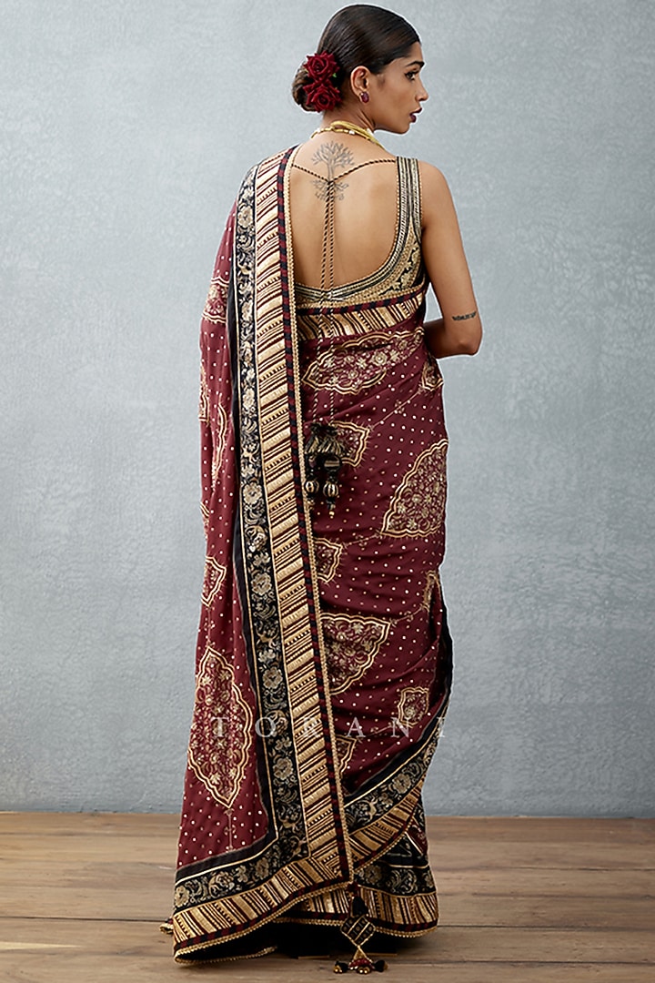 Burgundy Silk Satin Printed Reception Saree by TORANI at Pernia's Pop Up Shop