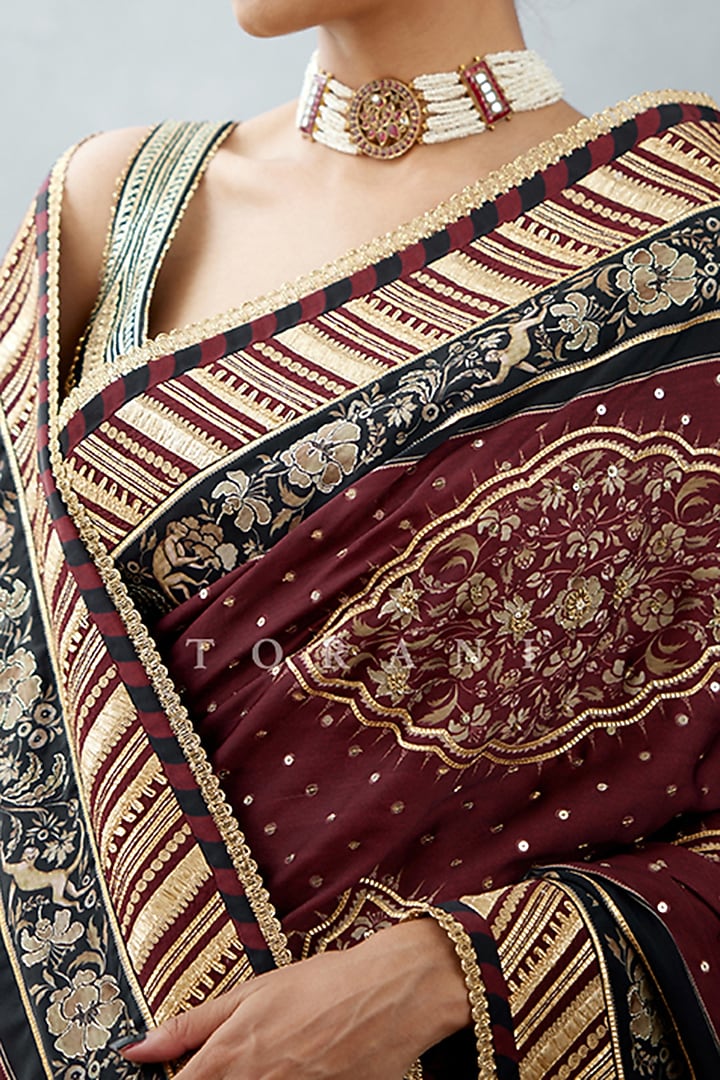 Burgundy Silk Satin Printed Reception Saree by TORANI at Pernia's Pop Up Shop