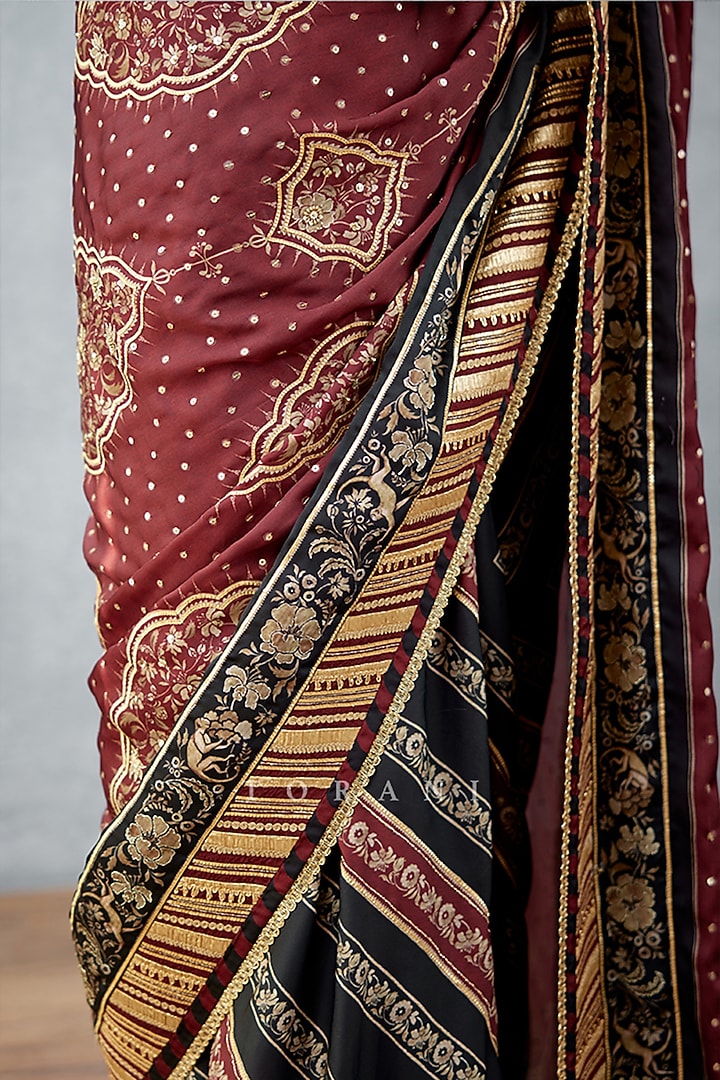 Burgundy Silk Satin Printed Reception Saree by TORANI at Pernia's Pop Up Shop