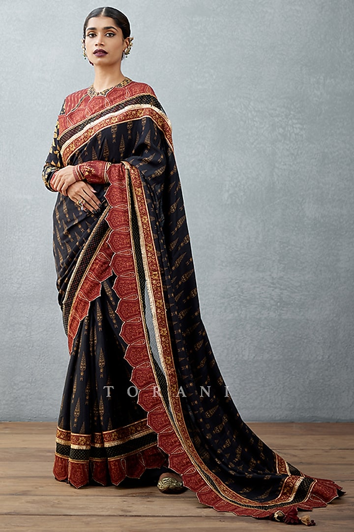 Jet Black Printed Saree by TORANI