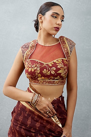 Torani - Red Handwoven Chanderi V Neck Silk Organza Saree Blouse For Women