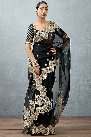 Jet Black Silk Organza Handwork Saree by TORANI