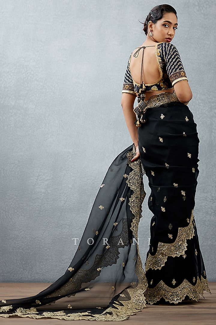 Jet Black Silk Organza Handwork Reception Saree by TORANI at Pernia's Pop Up Shop