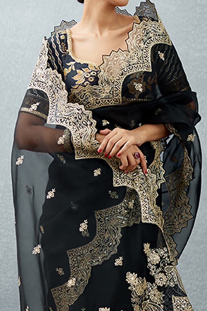Jet Black Silk Organza Handwork Reception Saree by TORANI at Pernia's Pop Up Shop
